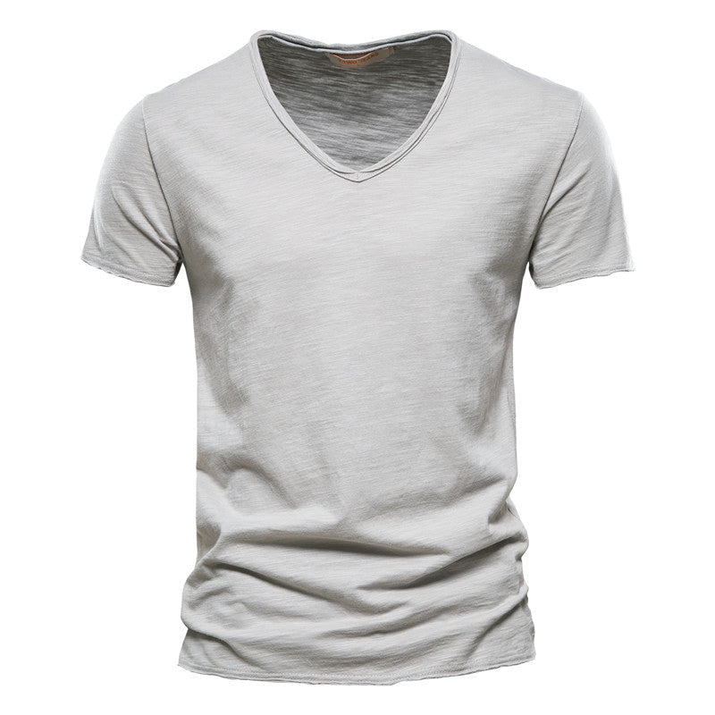 Plain Slub Cotton V-neck T-shirt