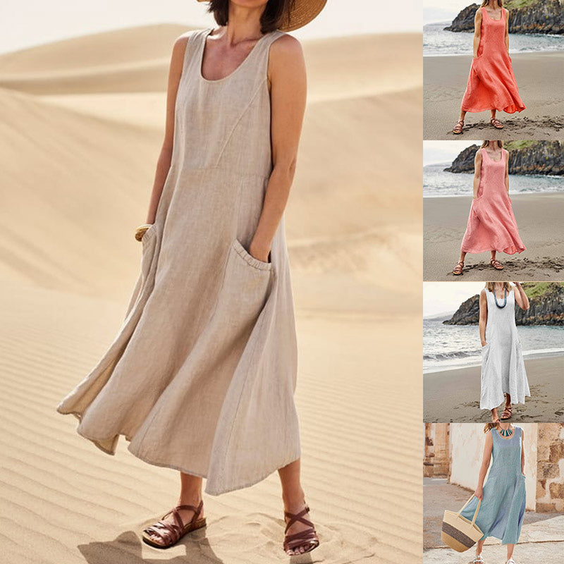 Women's Sleeveless Cotton And Linen Dress