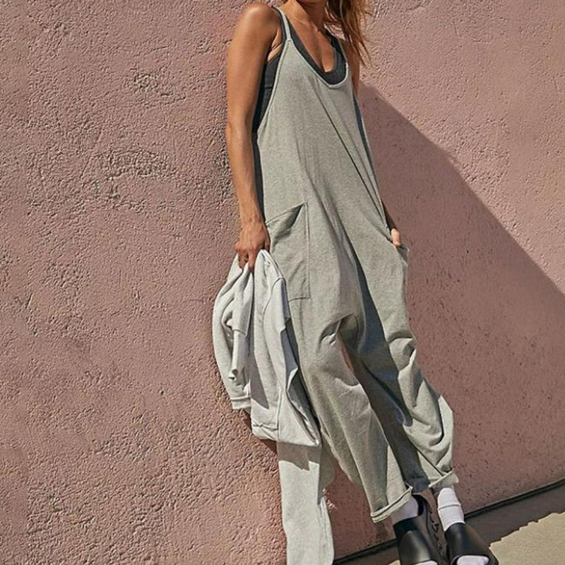 Solid V-Neck Sling Pocket Jumpsuit